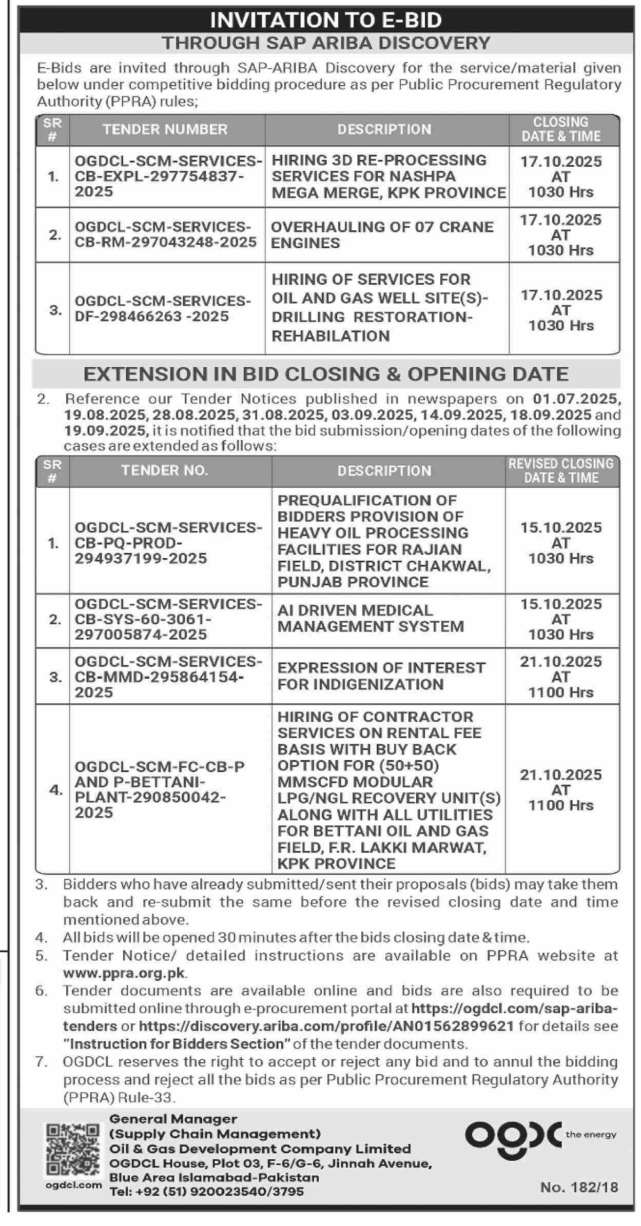 Oil & Gas Development Company Limited Islamabad Tender Notice